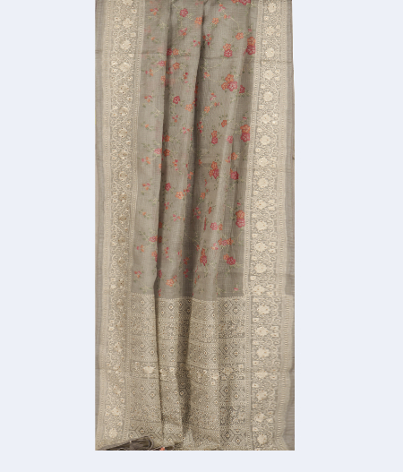 Grey Silk Kota Embroidery Saree T2542332