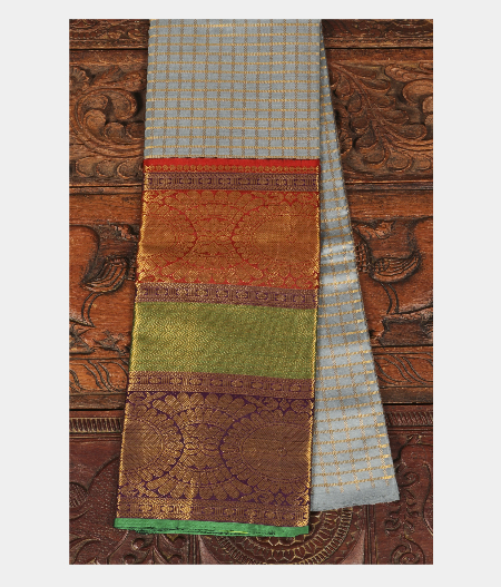Bluish Grey Handwoven Printed Kanjivaram Silk Pavadai T205982-image
