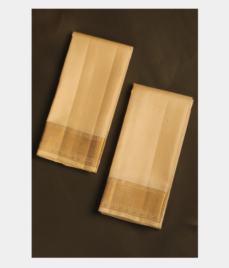 Cream Handwoven Kanjivaram Silk Dhoti and Vastharam T2591952