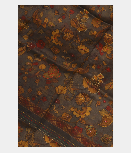 Dark Grey Kora Organza Printed Saree T265392-image
