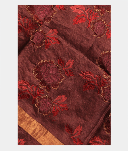 Deep Brown Tussar Embroidery Saree T269214-image