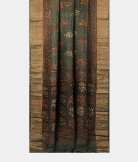 Dark Green Tussar Printed Saree T2697472