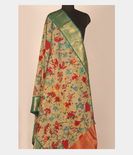 Greenish Grey Printed Kanjivaram Silk Dupatta T2394422