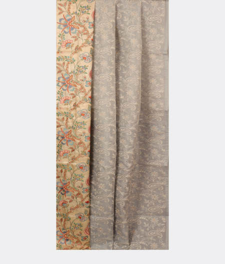 Bluish Grey Kora Organza Embroidery Saree T2760352