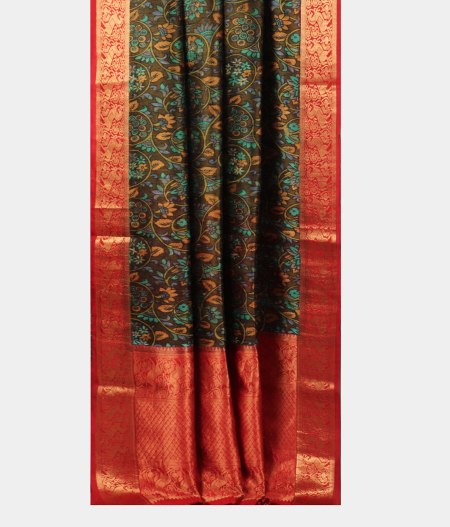 Dark Green Tussar Printed Saree T2791812