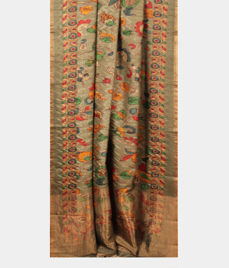Greenish Grey Tussar Printed Saree T2839892