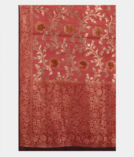 Dark Salmon Pink Tussar Georgette Silk Saree T2559734