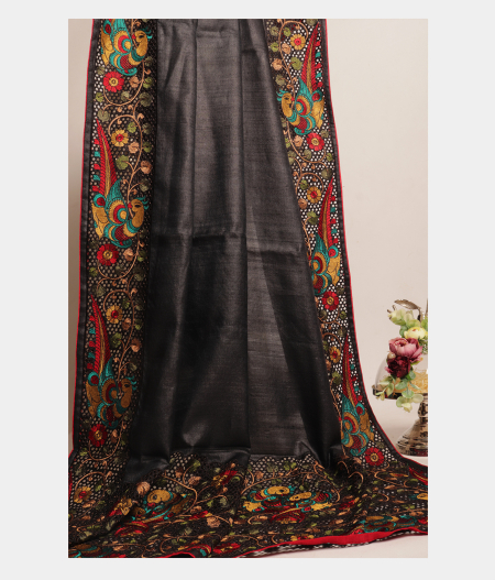 Black Tussar Cut Work Saree T2834722