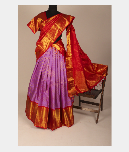 Lavender Handwoven Kanjivaram Silk Pavadai and Red DupattaT286289-image