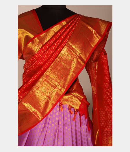 Lavender Handwoven Kanjivaram Silk Pavadai and Red DupattaT2862892