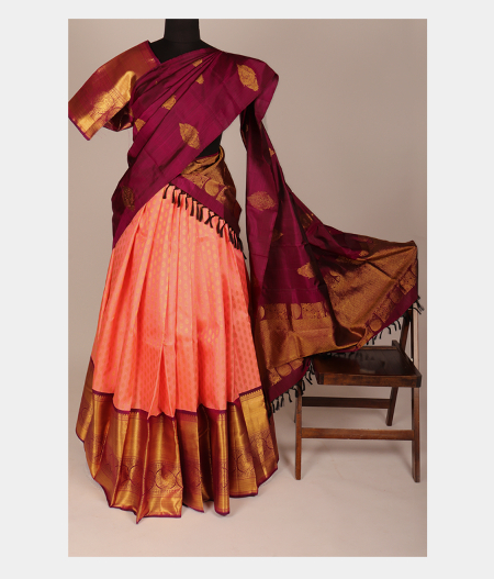 Peach Handwoven Kanjivaram Silk Pavadai and Maroon Dupatta T286296-image