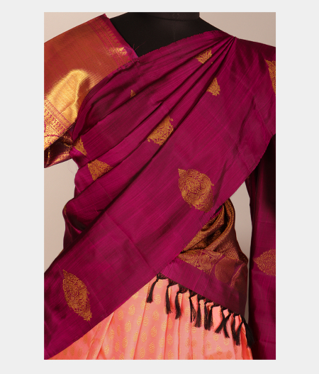 Peach Handwoven Kanjivaram Silk Pavadai and Maroon Dupatta  T2862962