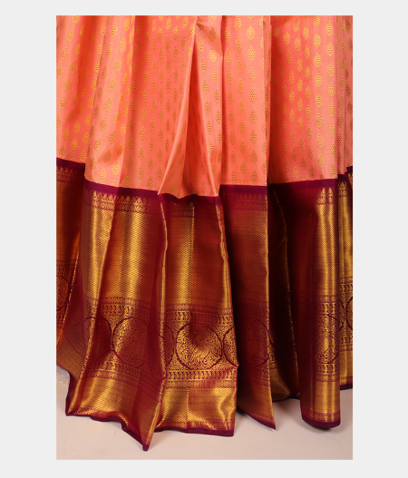Peach Handwoven Kanjivaram Silk Pavadai and Maroon Dupatta  T2862963