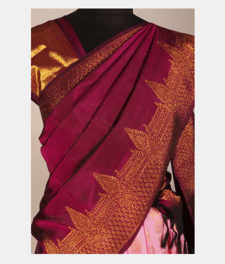 Light Pink Handwoven Kanjivaram Silk Pavadai and Maroon Dupatta T2837472