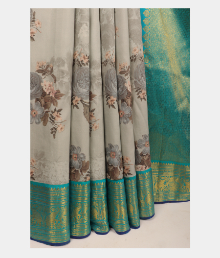 Bluish Grey Printed Kanjivaram Silk Saree T2796182