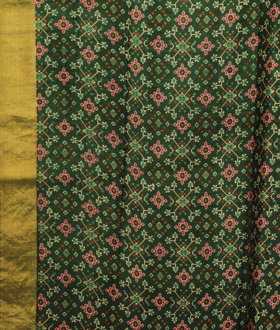 Bottle Green Printed Raw Silk Saree T2816993