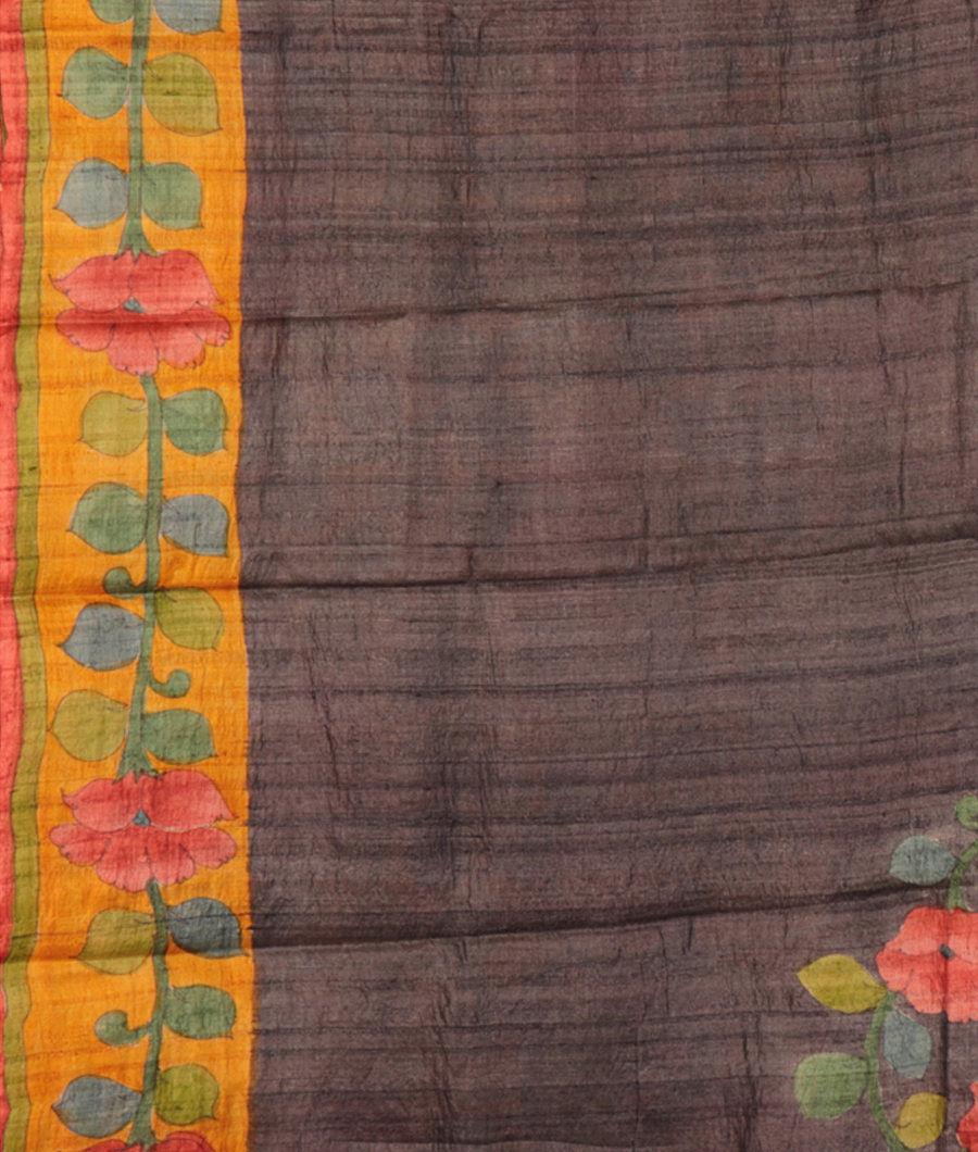 Dark Grey Tussar Printed Saree T2860553