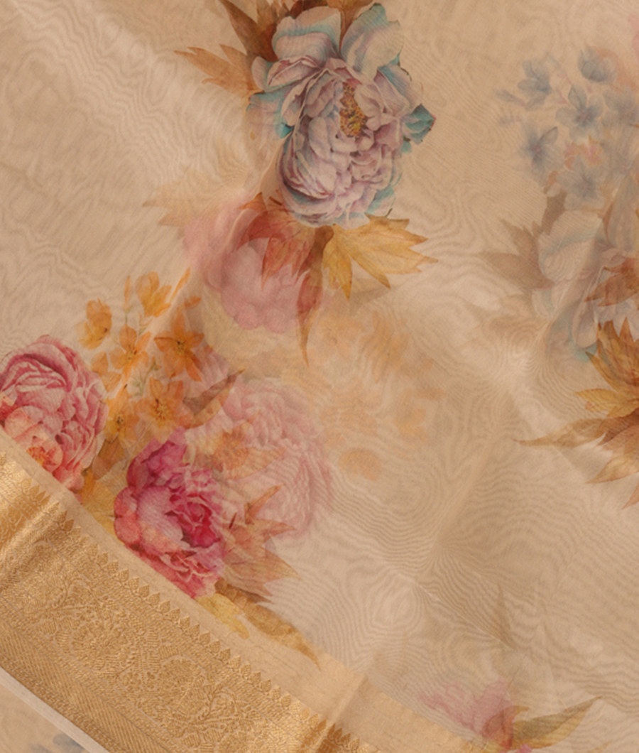 Cream Kora Organza Printed Saree T241870-image