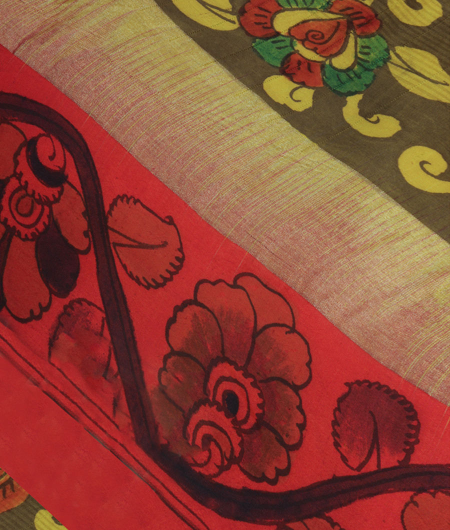 Green and Yellow Tussar Handpainted Kalamkari Saree T173605-image