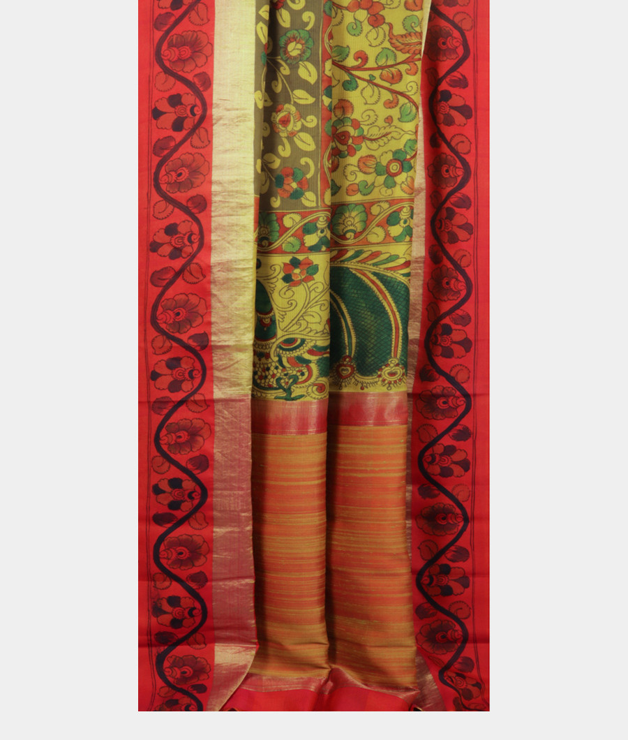 Green and Yellow Tussar Handpainted Kalamkari Saree T1736052