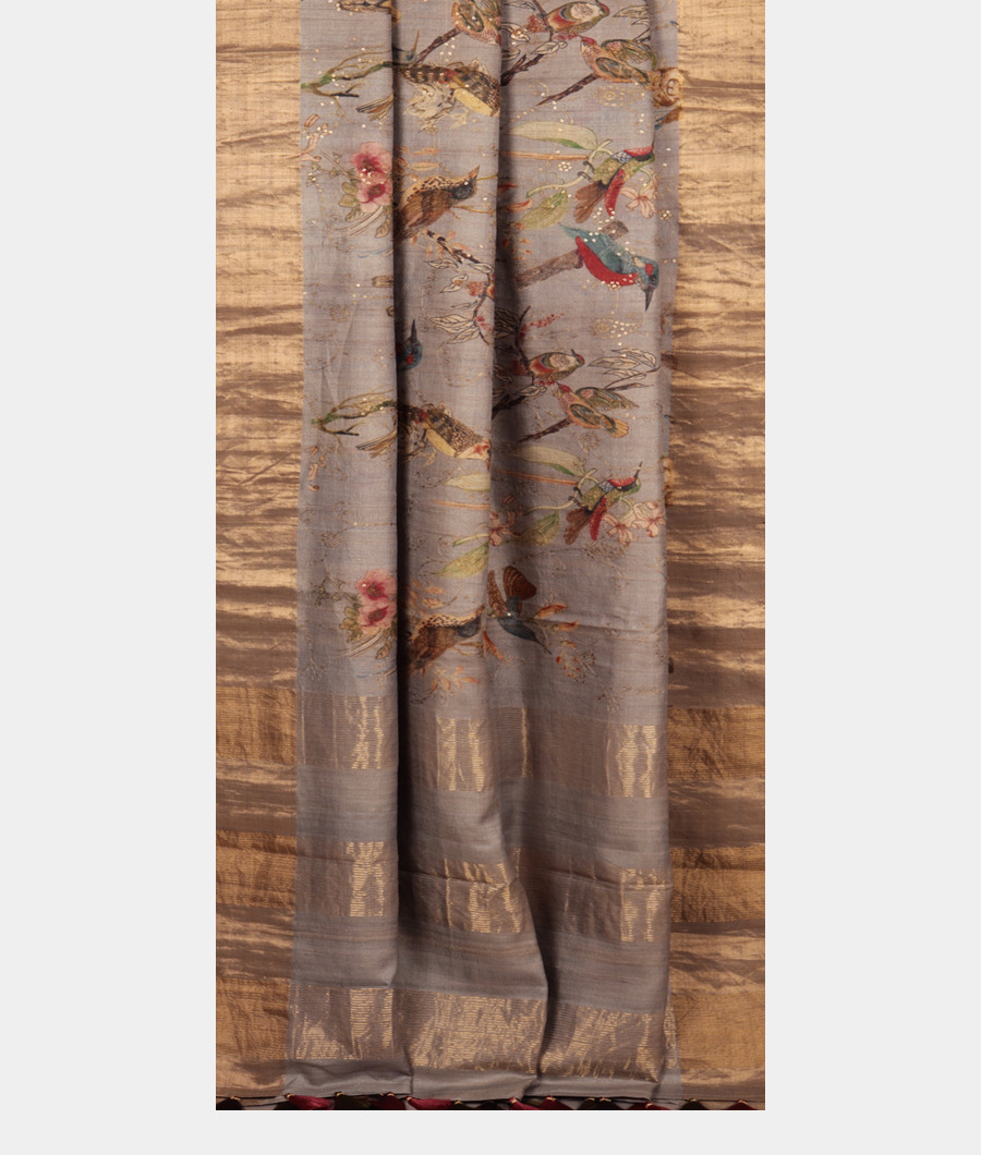 Grey Tussar Printed Saree T2832672
