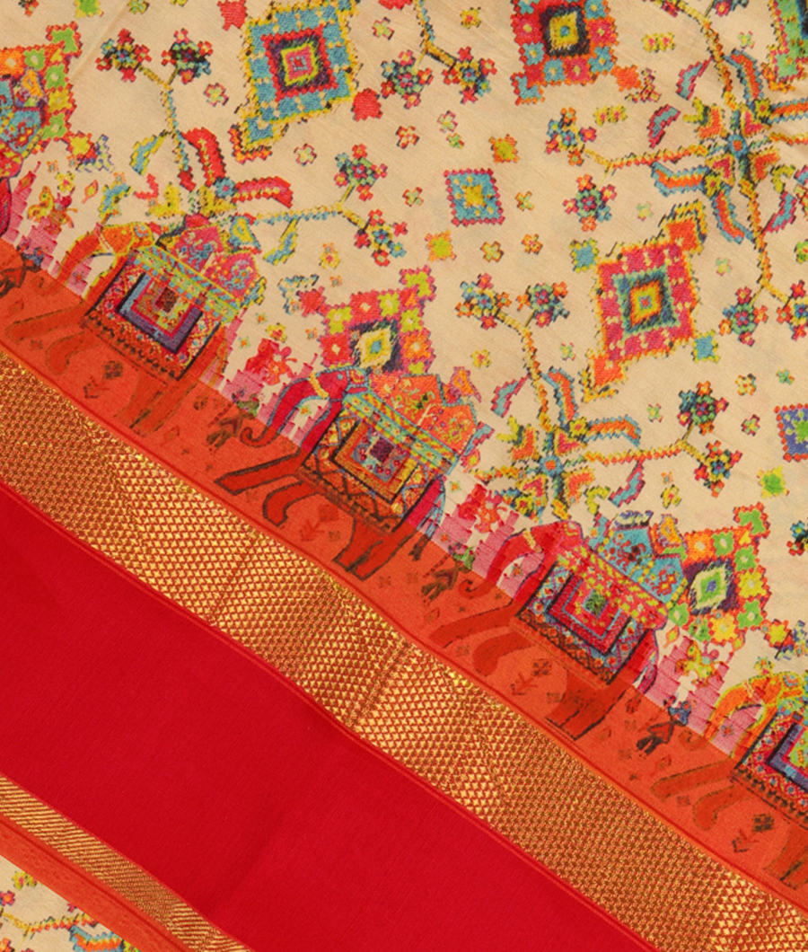 Off-White Printed Soft Silk Saree T259105-image