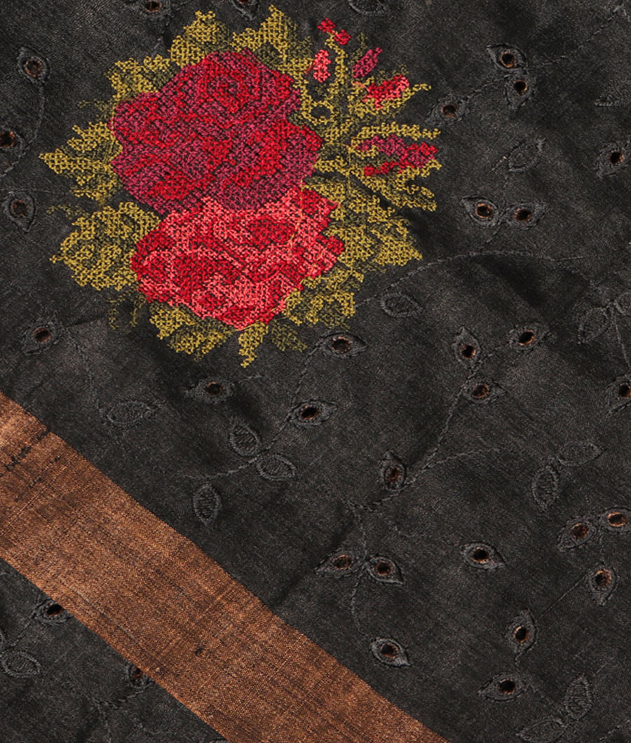 Dark Grey Tussar Embroidery Saree T287729-image