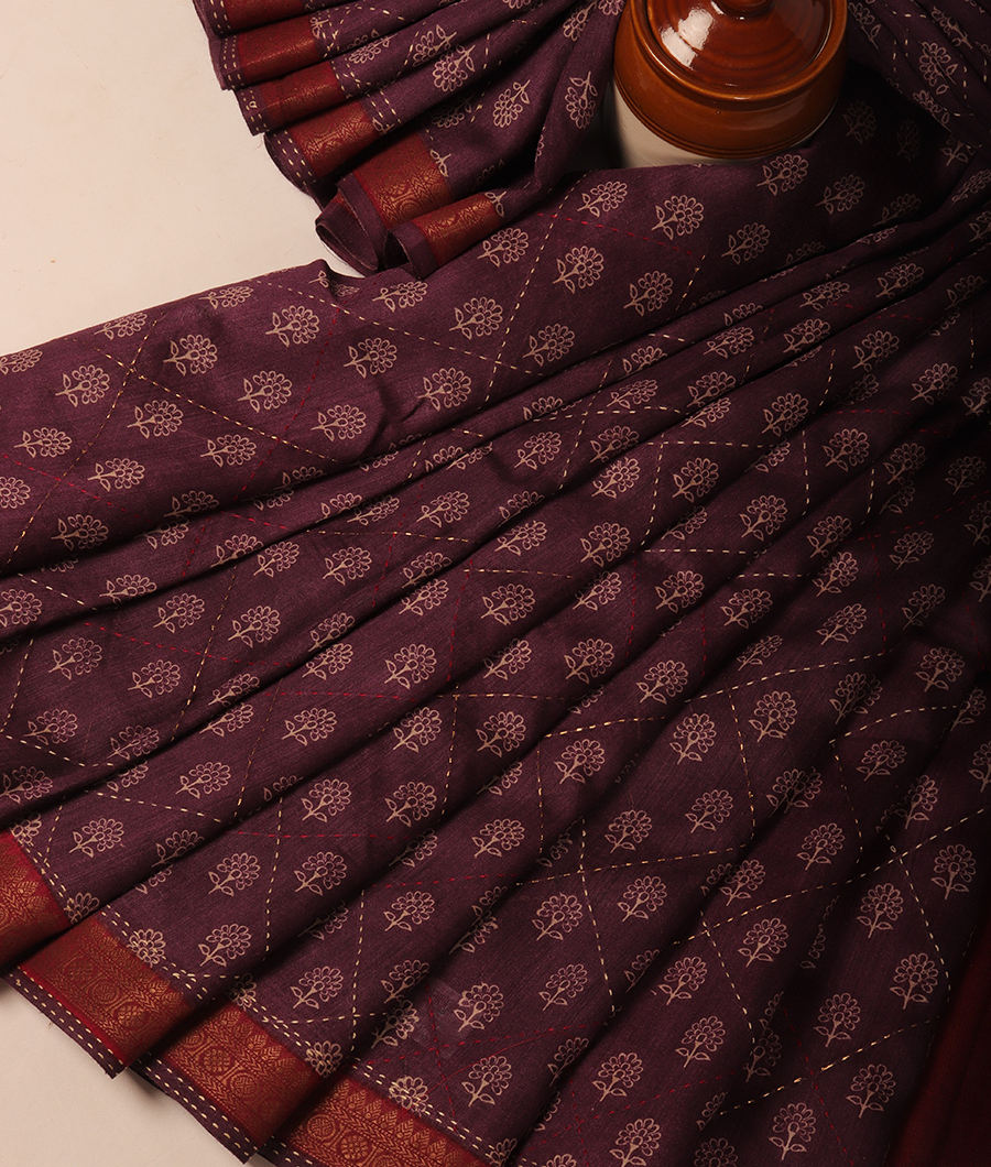 Burgundy Soft Tussar Printed Saree T2952892