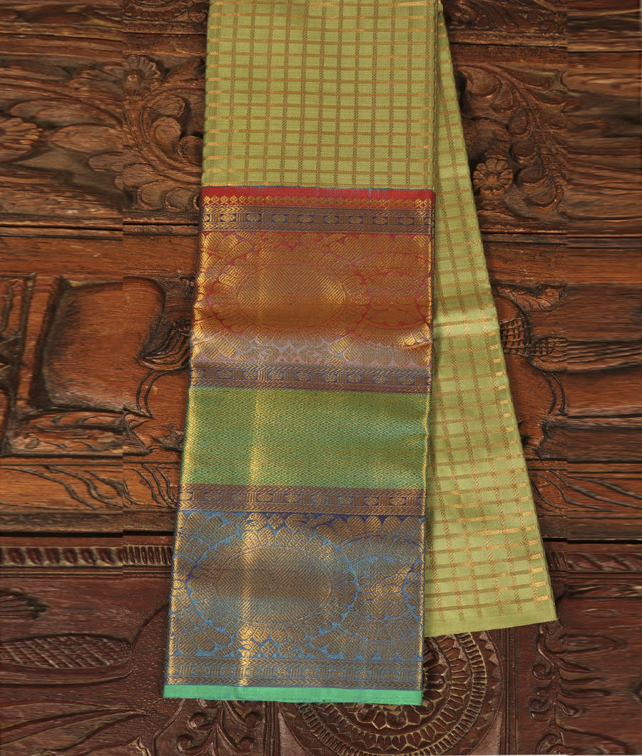 Olive Green Handwoven Printed Kanjivaram Silk Pavadai T18894-image