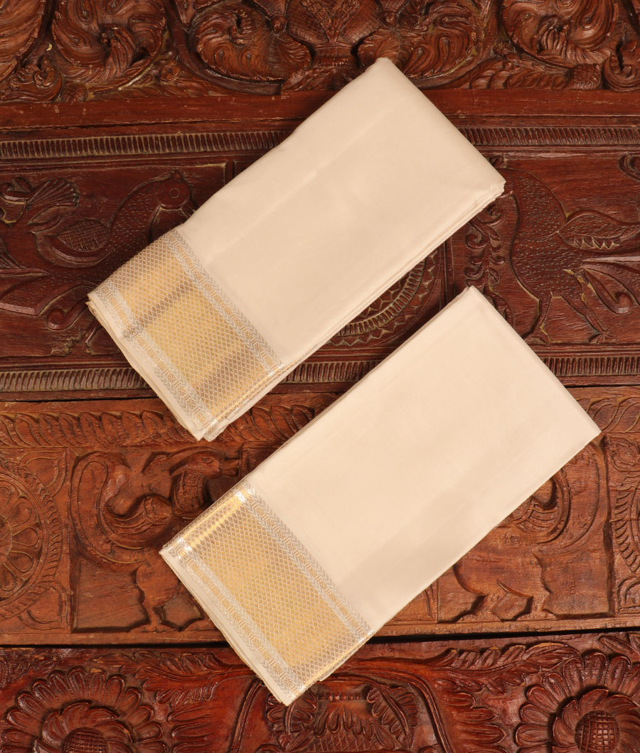 White Handwoven Kanjivaram Silk Dhoti and Vastharam T296368-image