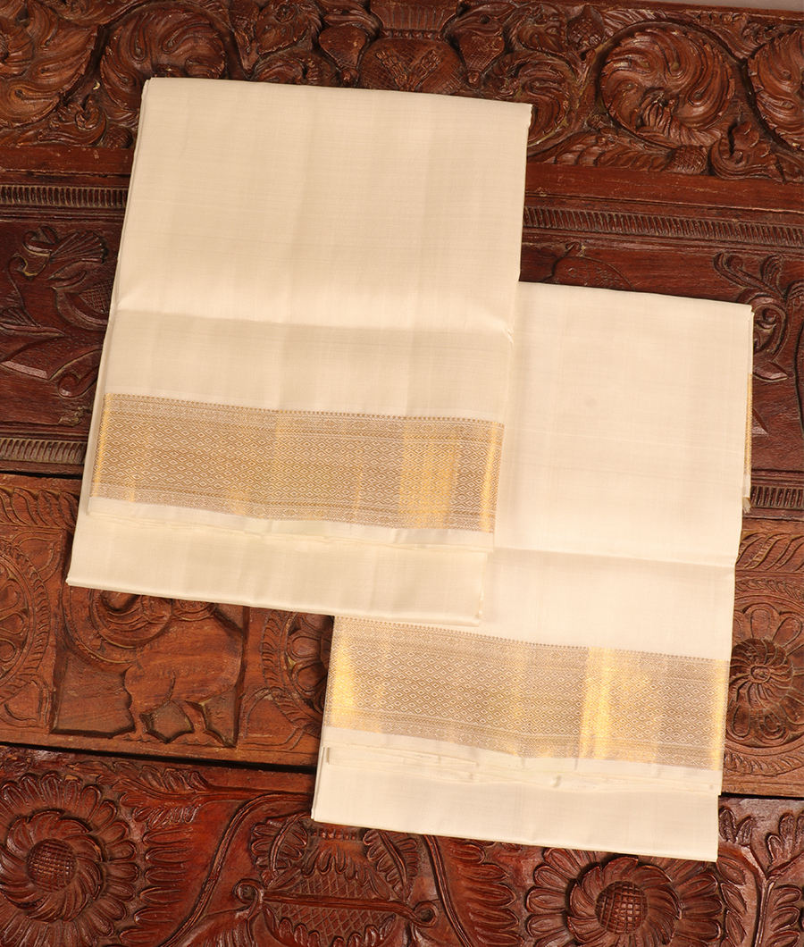 White Handwoven Kanjivaram Silk Dhoti and Vastharam T302338-image