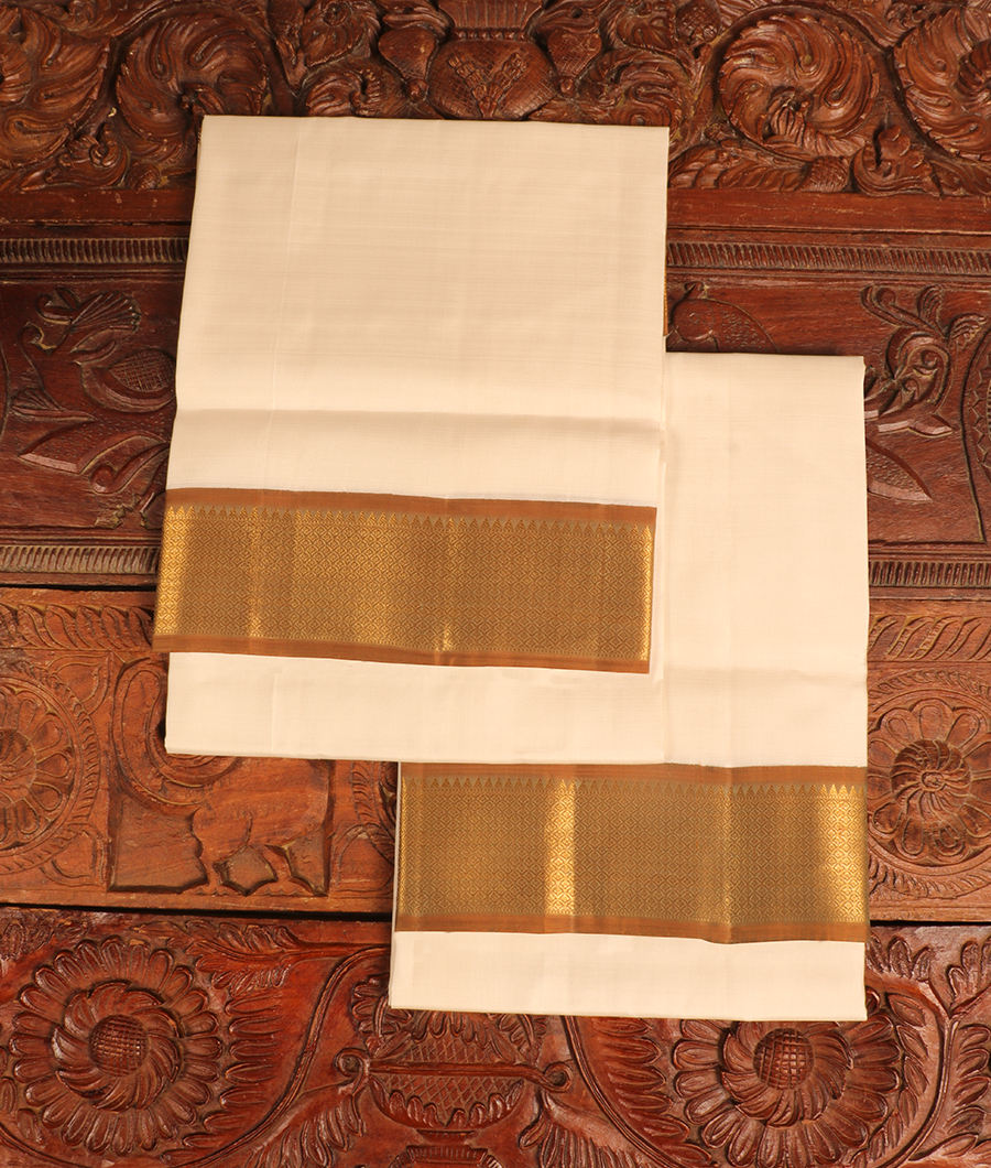 White Handwoven Kanjivaram Silk Dhoti and Vastharam T260565-image