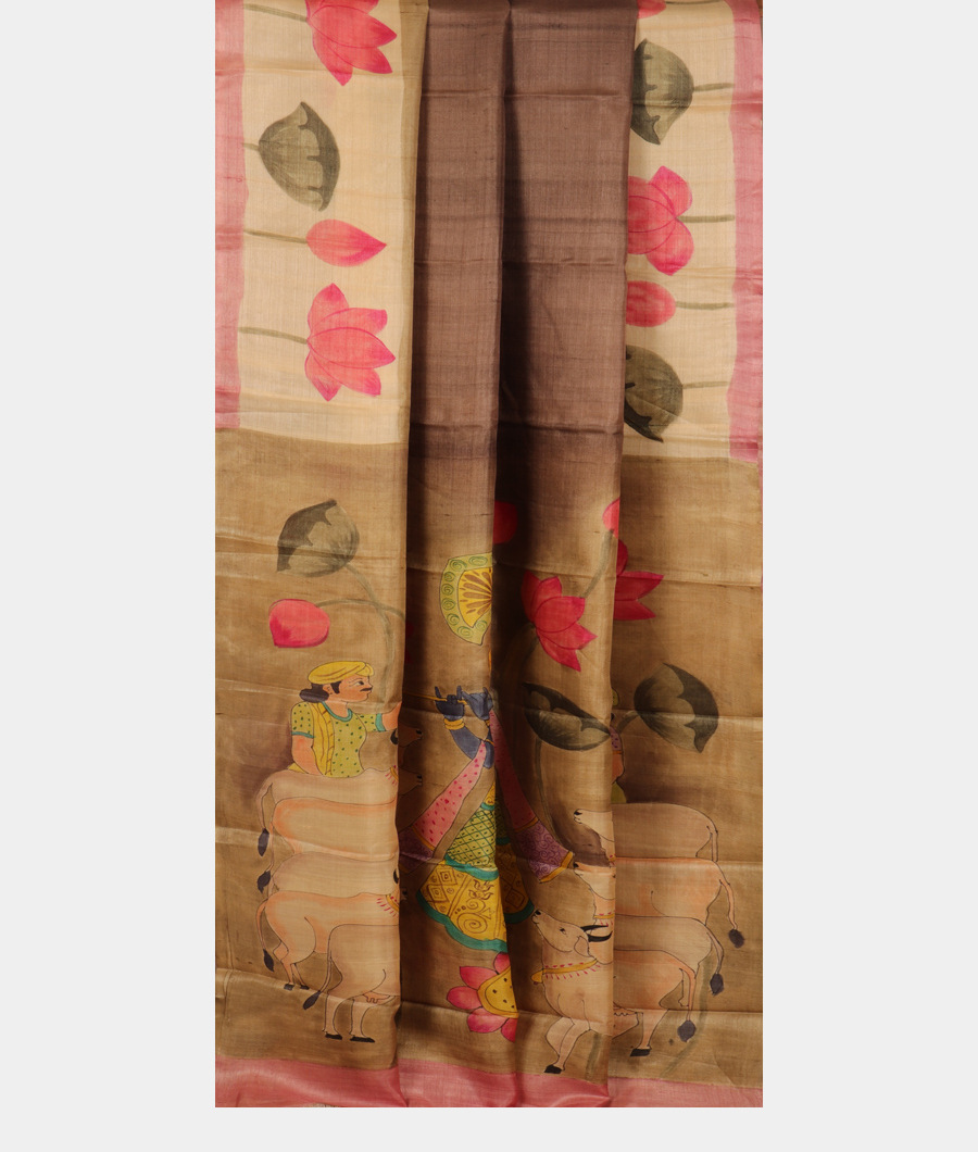 Light Brown Tussar Printed Saree T3003462