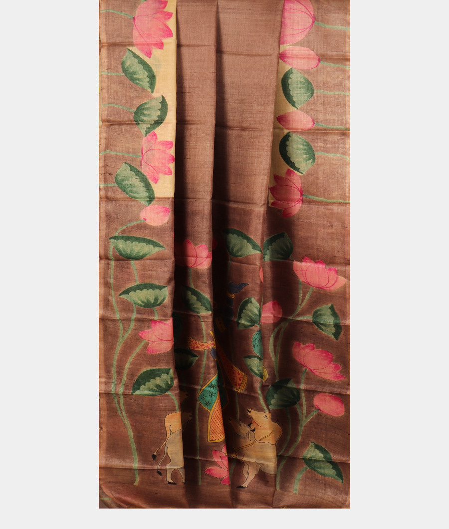 Greyish Brown Tussar Printed Saree T3003412