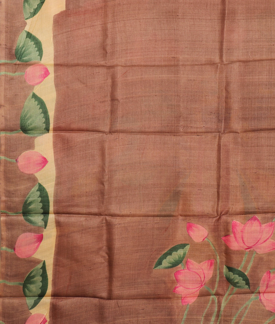 Greyish Brown Tussar Printed Saree T3003413