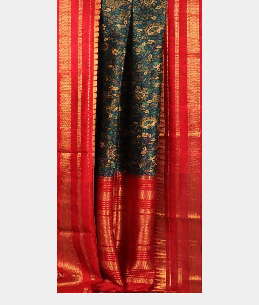Blue Printed Raw Silk Saree T3014622