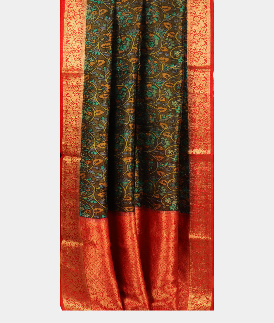 Green Printed Raw Silk Saree T2896092
