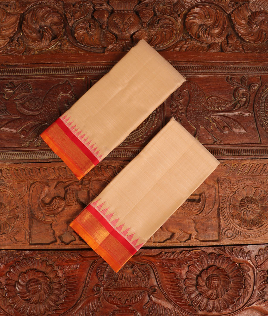 Beige Kanjivaram Silk Dhoti and Vastharam T302548-image