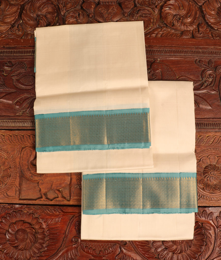 White Handwoven Kanjivaram Silk Dhoti and Vastharam T285999-image