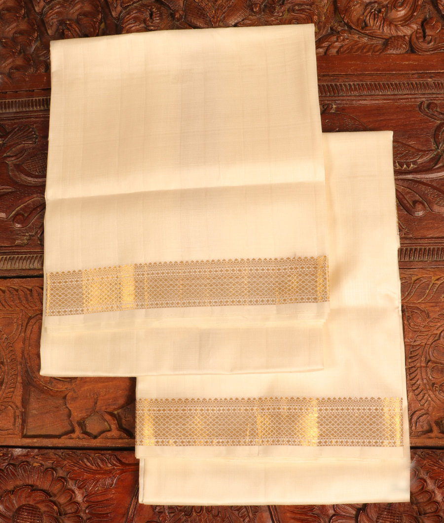 White Handwoven Kanjivaram Silk Dhoti and Vastharam T303504-image