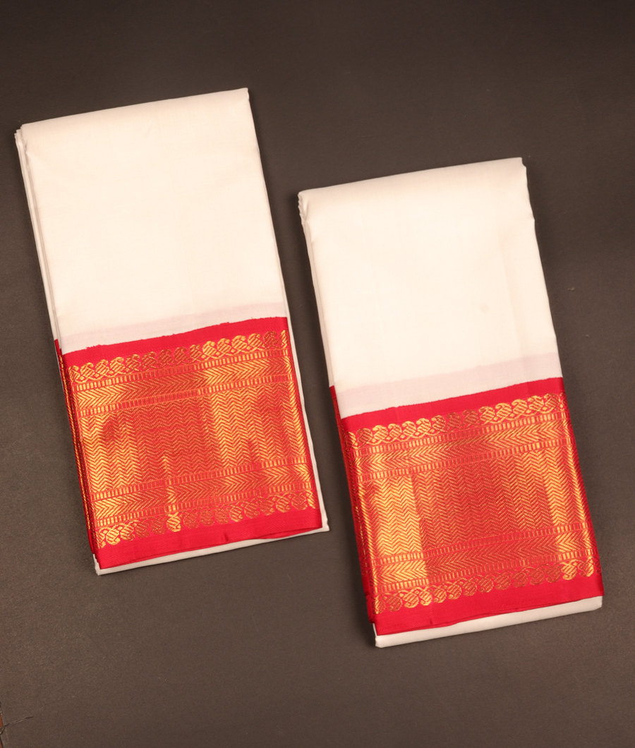 White Handwoven Kanjivaram Silk Dhoti and Vastharam T2665122