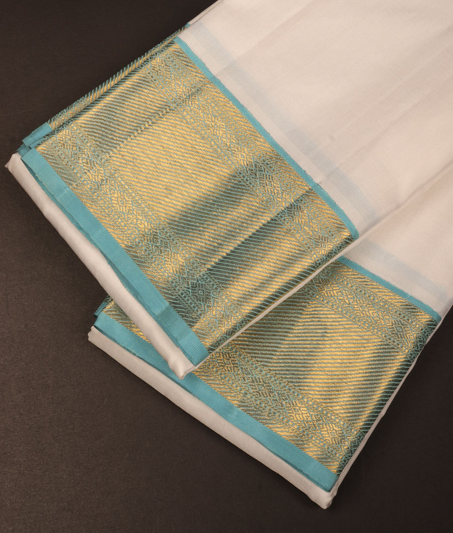 White Handwoven Kanjivaram Silk Dhoti and Vastharam T294598-image