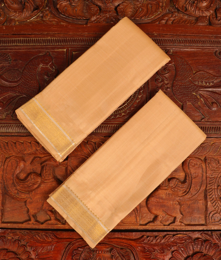 Light Beige Handwoven Kanjivaram Silk Dhoti and Vastharam T281306-image