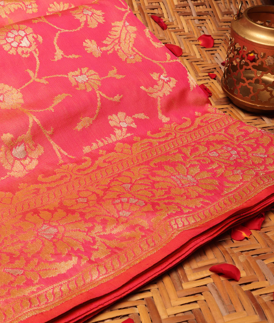 Pinkish Orange Banaras Silk Saree T32126-image