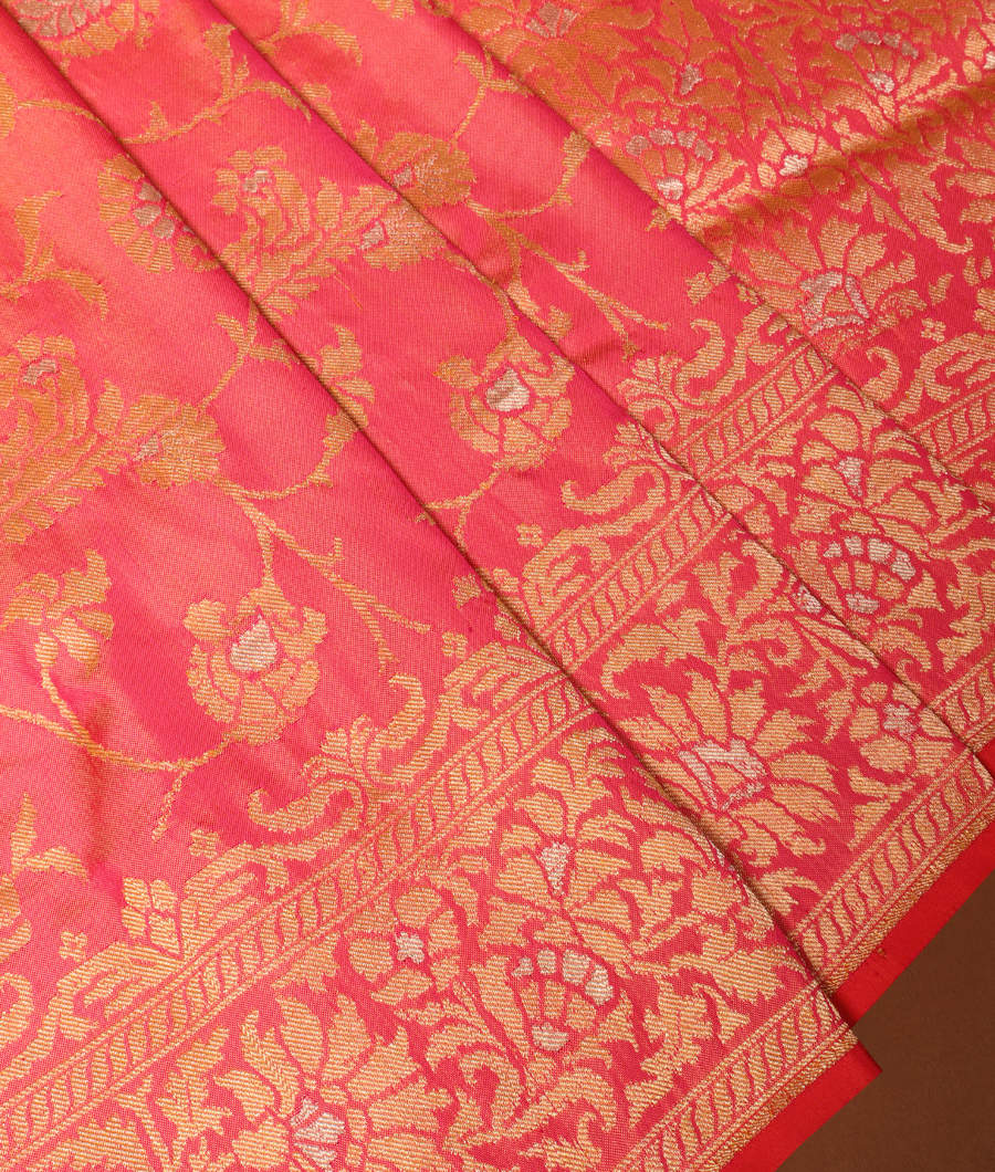 Pinkish Orange Banaras Silk Saree T321264