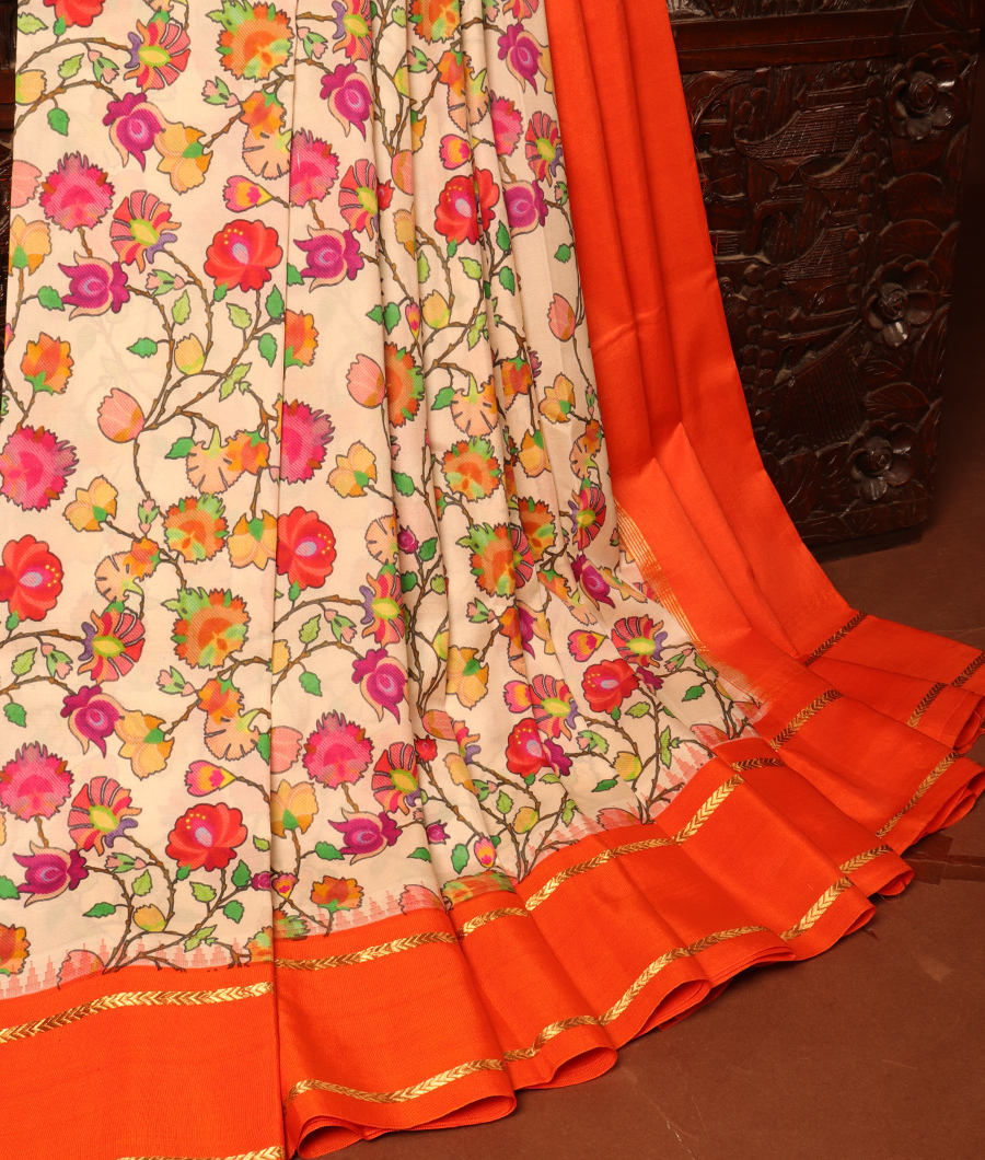 Cream Printed Soft Silk Saree T304607-image