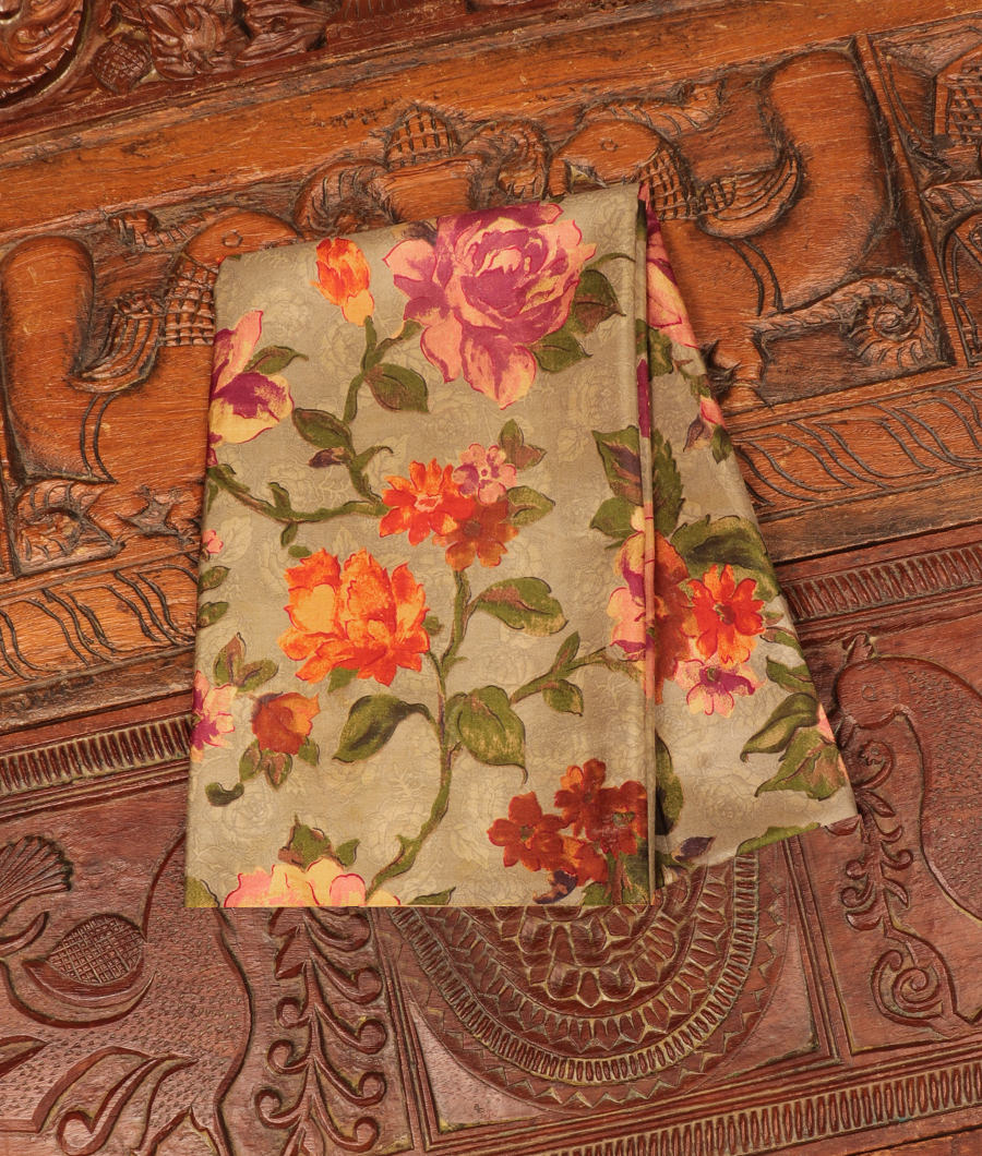 Green Grey Hand Printed Kanjivaram Silk Blouse T14-image