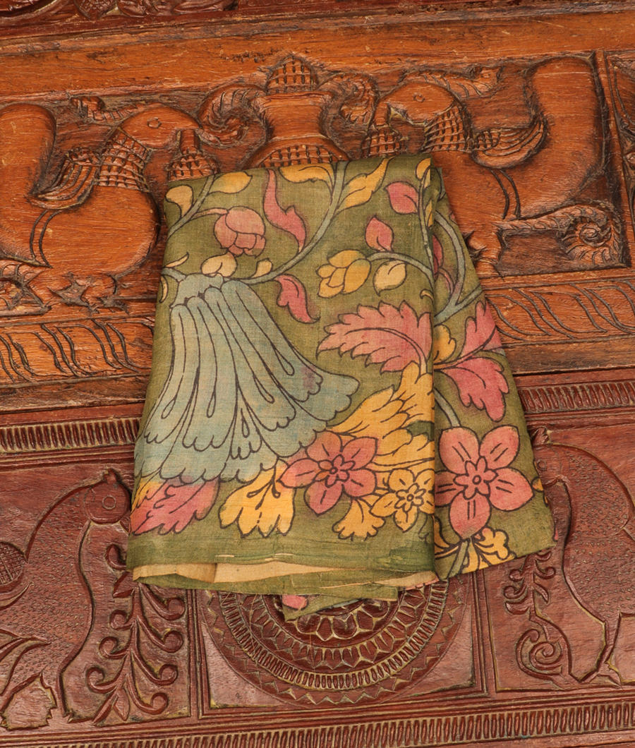 Green Tussar Hand Kalamkari Blouse T12-image
