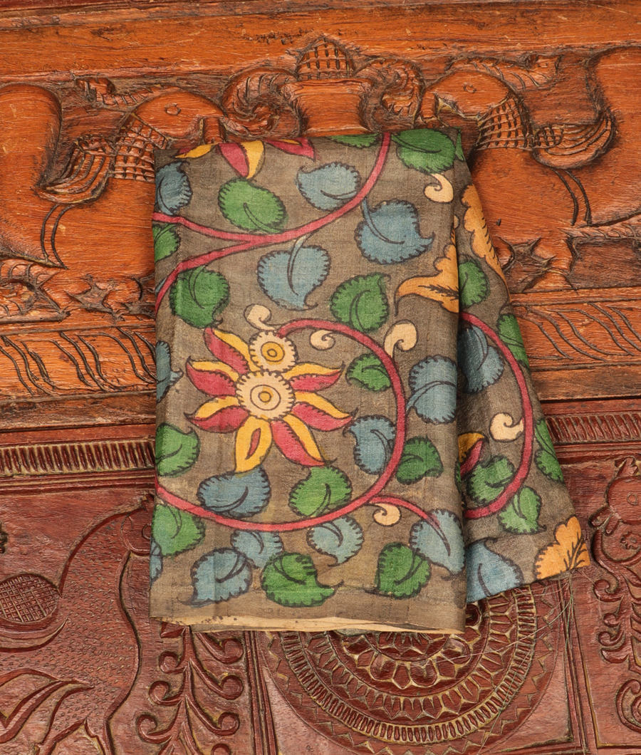 Grey Tussar Hand Kalamkari Blouse T26-image