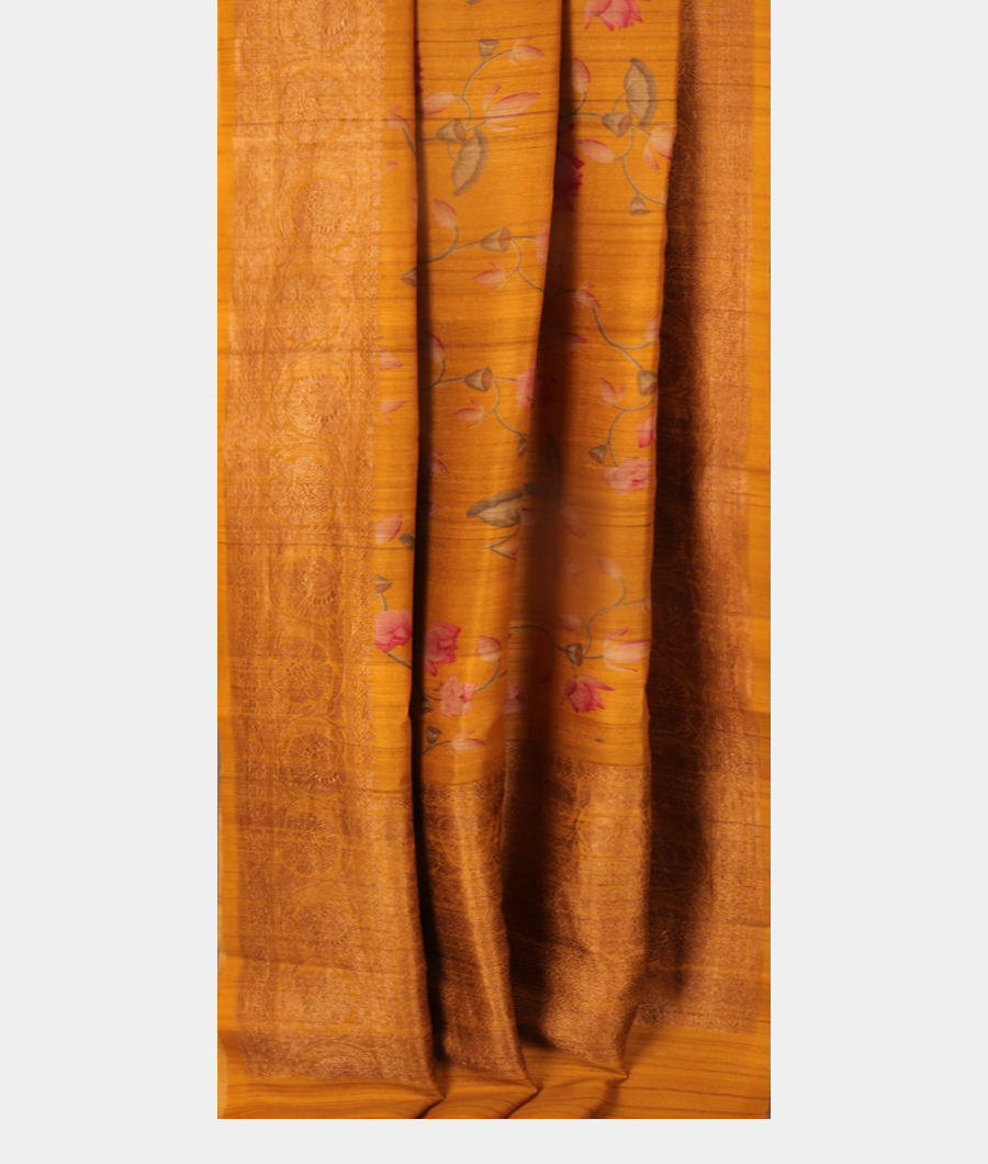Yellow Tussar Printed Saree T3095062